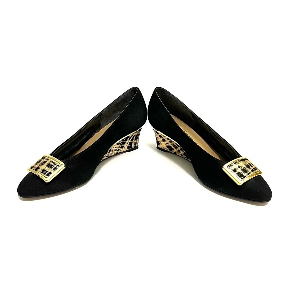Vintage 1970s black suede oversize buckle gold painted wedge heels